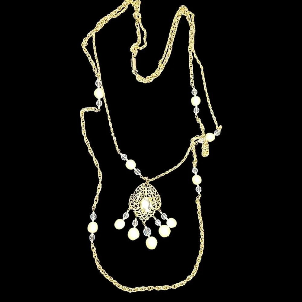 Vintage Gold Tone Faux Pearl Crystal Filigree Pendant Long Necklace 28 Statement